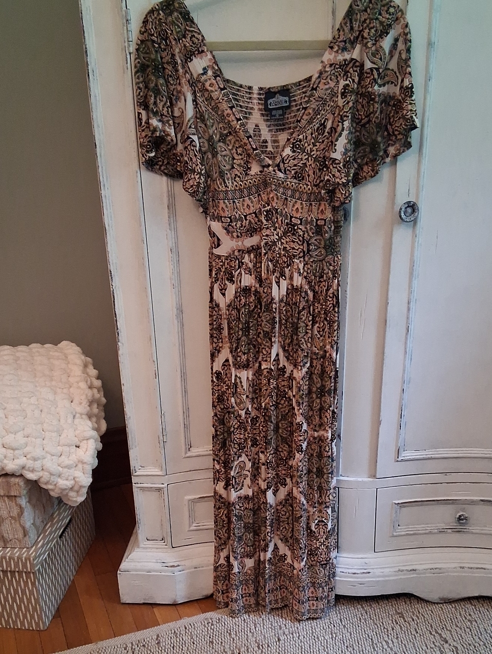 Angie Cream Boho Maxi Dress with Brown and Olive Paisley Print